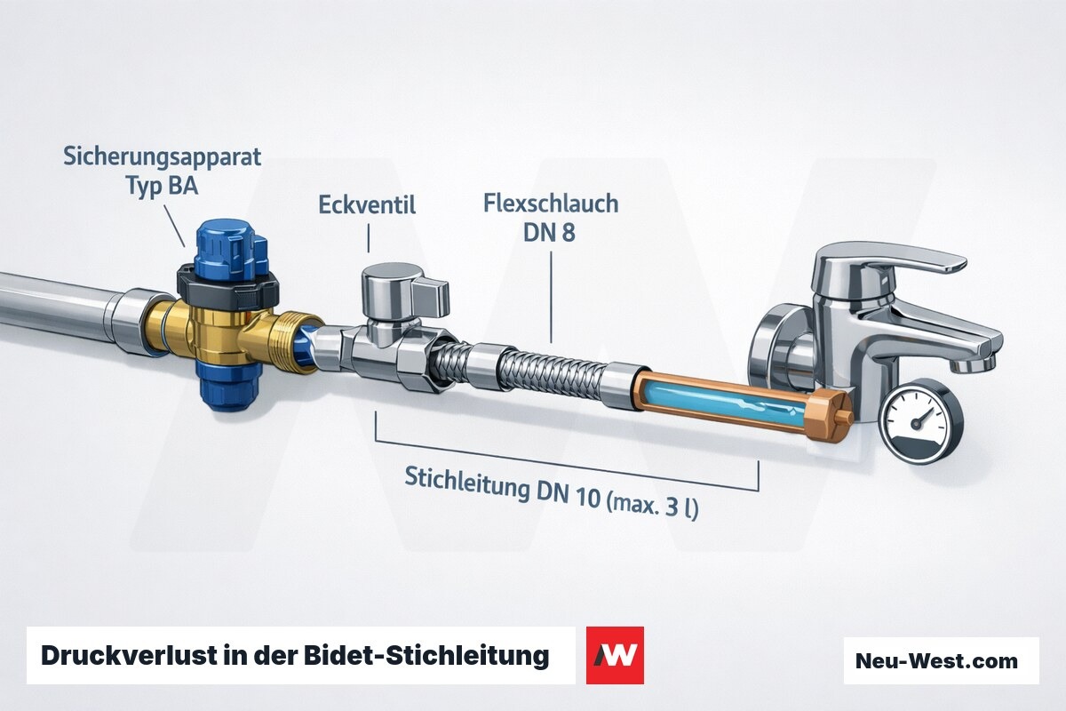 Querschnitt der Bidet-Anbindung mit BA-Sicherung, Eckventil, DN-8-Flexschlauch und DN-10-Stichleitung zur Darstellung von Druckverlust und Stagnationsvolumen.