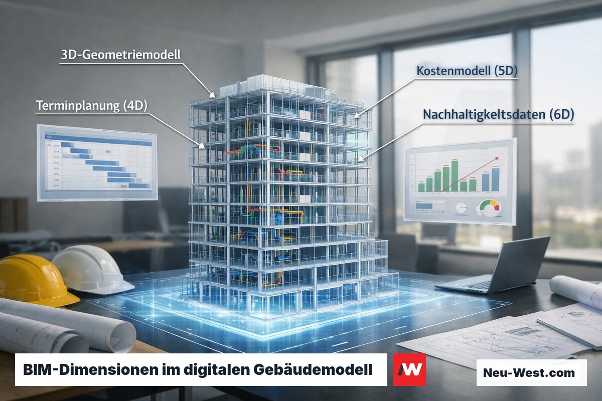Digitales BIM-Gebäudemodell auf holografischem Tisch mit verknüpften Kosten-, Termin- und Nachhaltigkeitsdaten