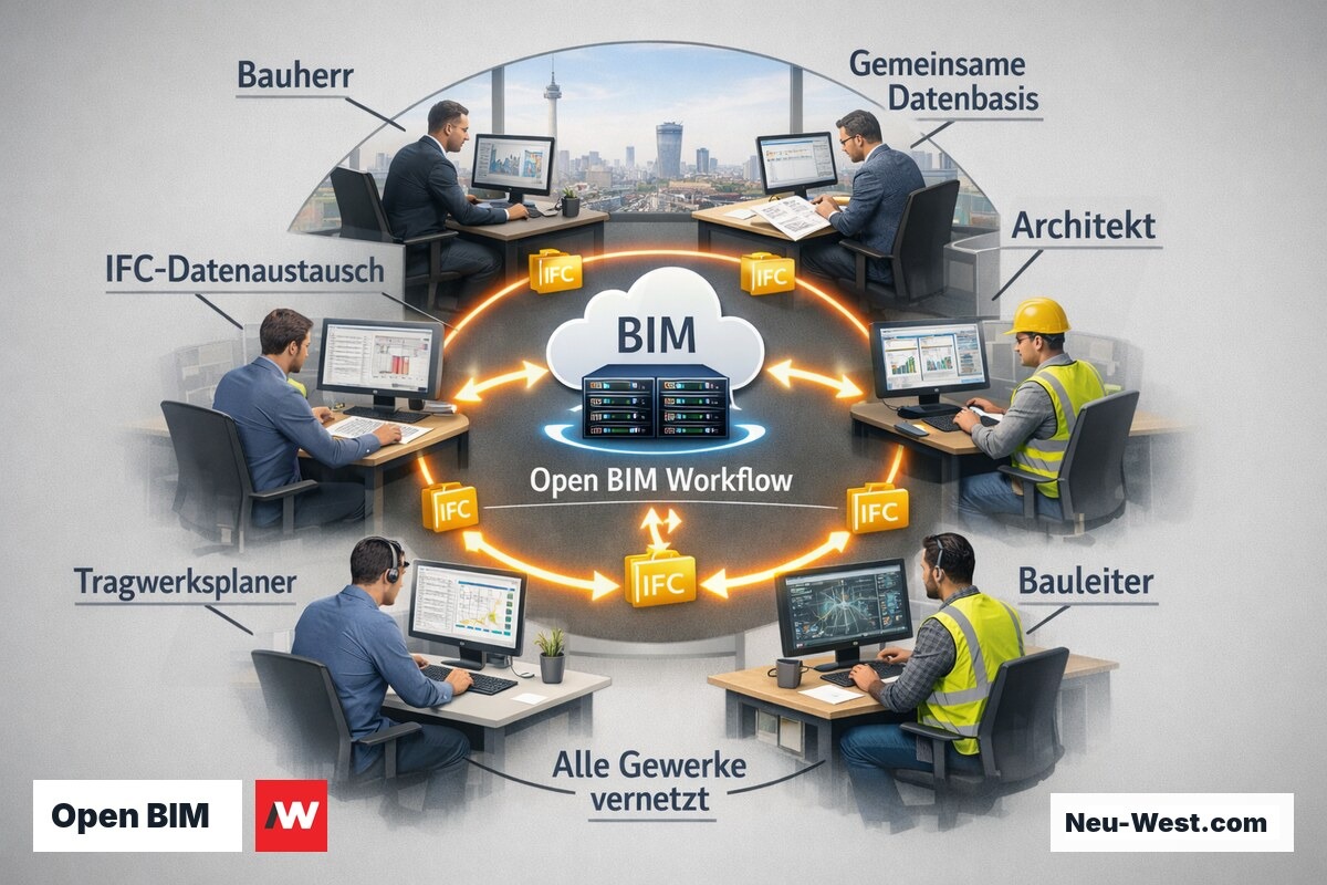 Kreisförmiges Kollaborationsdiagramm zeigt Bauherr, Architekt und Ingenieure vernetzt über zentralen BIM-Server
