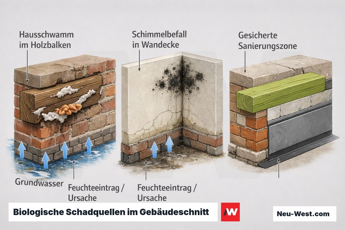 Gebäudequerschnitt zeigt Hausschwamm im Holzbalken, Schimmel in der Wandecke, Feuchteeintrag als Ursache und gesicherte Sanierungszone.