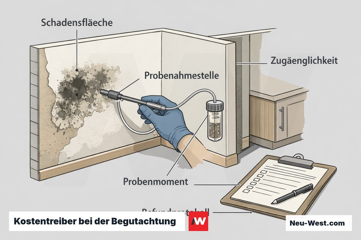 Querschnitt eines Raums mit Schimmelschadensfläche, Probenahmestelle, schwer zugänglicher Ecke und Befundprotokoll als Kostenfaktoren.