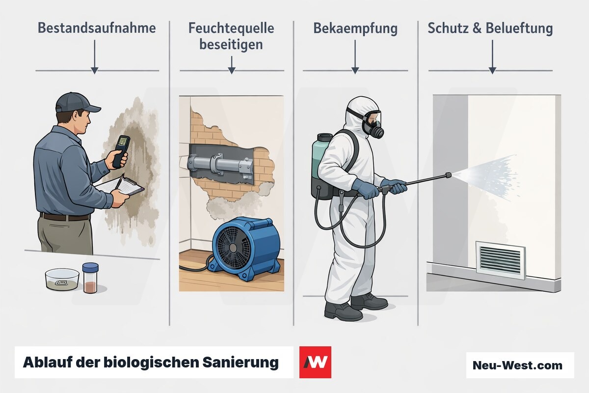 Prozessdiagramm der biologischen Sanierung in vier Schritten: Bestandsaufnahme, Feuchtequelle beseitigen, Bekämpfung sowie Schutz und Belüftung.