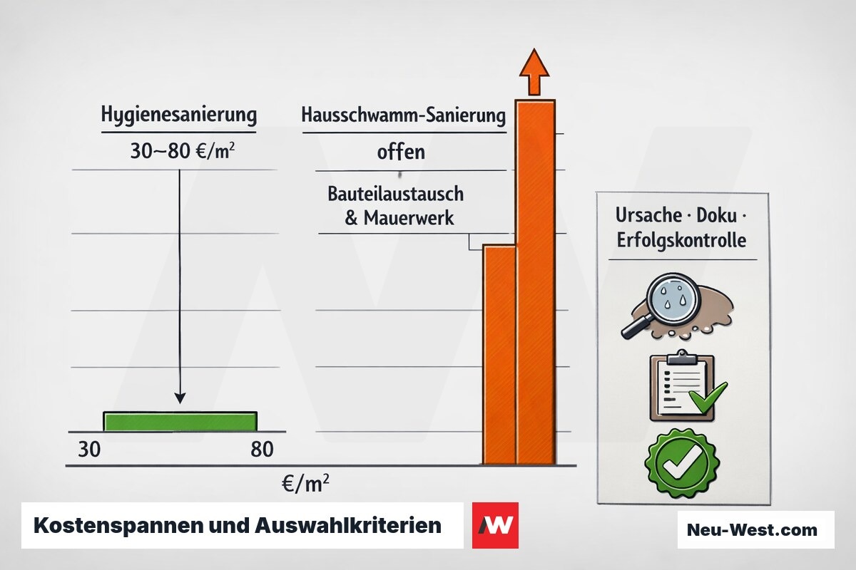 Balkenvergleich der Sanierungskosten je Quadratmeter: kleine Hygienesanierung gegen offene Hausschwamm-Sanierung, dazu Auswahlkriterien Ursache, Dokumentation, Erfolgskontrolle.