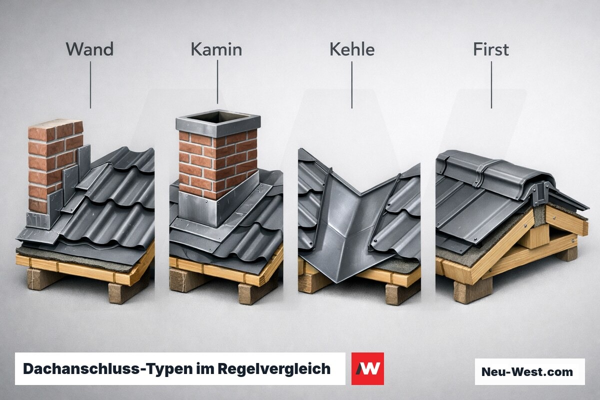 Dachanschluss-Typen im Regelvergleich: Geometrie und Mindestüberdeckung – Erklär-Grafik (NEUWEST Berlin)