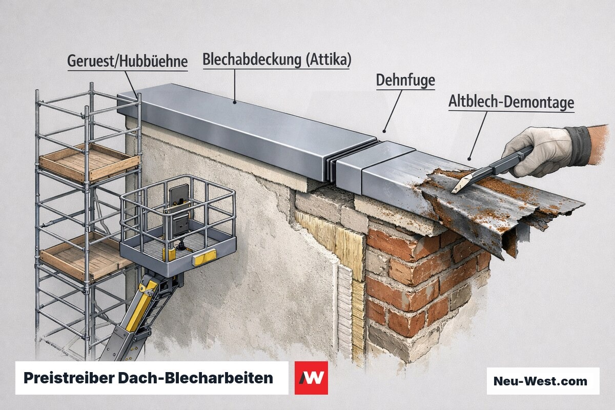 Querschnitt einer Berliner Attika mit Gerüst, Blechabdeckung, Dehnfuge und Demontage von Altblech als Kostenfaktoren der Blecharbeiten.
