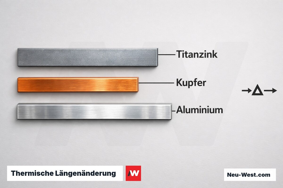 Thermische Längenänderung: Titanzink, Kupfer, Aluminium im Vergleich – Erklär-Grafik (NEUWEST Berlin)