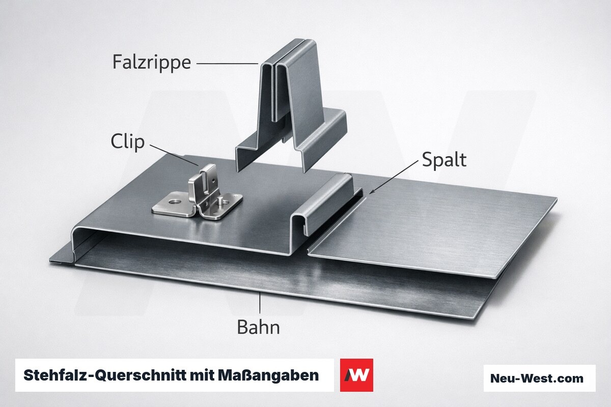 Stehfalz-Querschnitt mit Maßangaben nach ZVSHK-Klempnerrichtlinie – Erklär-Grafik (NEUWEST Berlin)