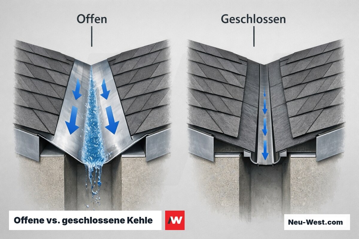 Offene vs. geschlossene Kehle: Freigerinne-Querschnitt und Einzugsfläche – Erklär-Grafik (NEUWEST Berlin)