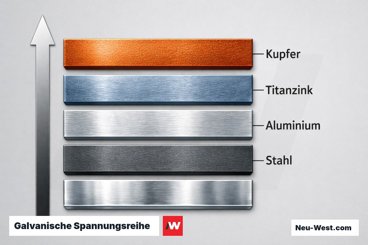 Galvanische Spannungsreihe: Kritische Metallpaarungen am Metalldach – Erklär-Grafik (NEUWEST Berlin)