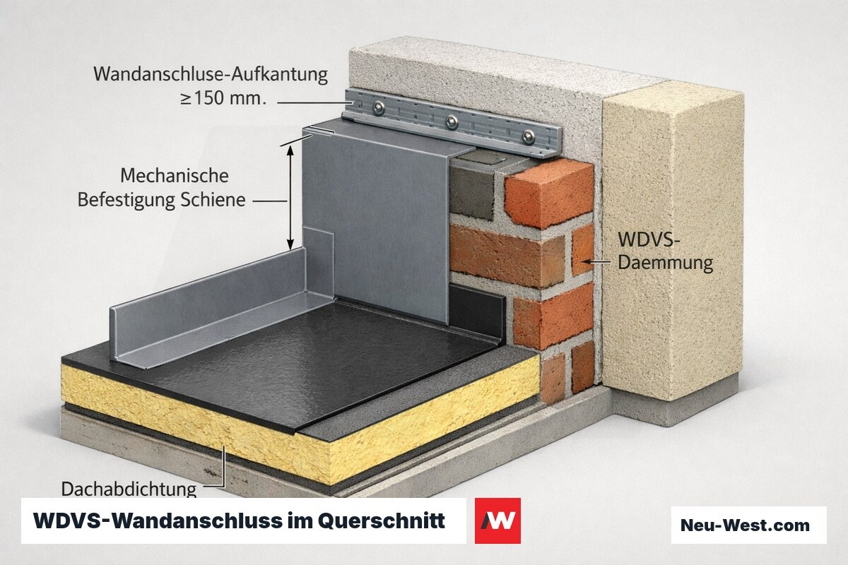 Querschnitt eines Dach-Wandanschlusses an WDVS-Fassade mit mindestens 150 mm aufgekantetem, mechanisch befestigtem Anschlussblech.