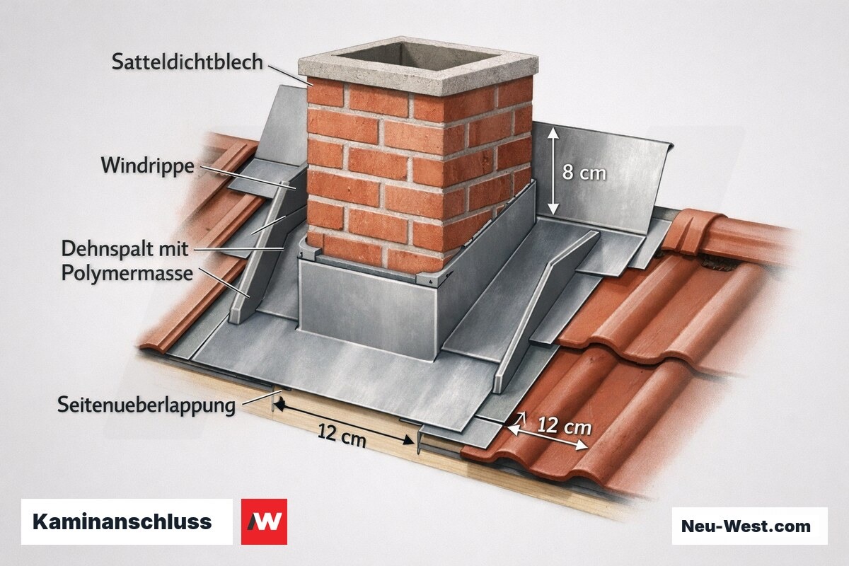 Schnitt durch einen Schornstein-Dachanschluss mit Satteldichtblech, Windrippen am Seitenanschluss und elastisch verfülltem Dehnspalt zum Mauerwerk.