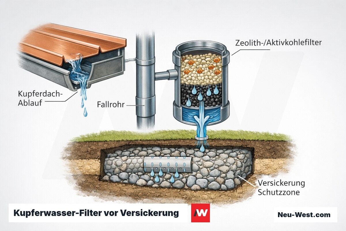 Querschnitt: Ablaufwasser vom Kupferdach fliesst durch Fallrohr in einen Zeolith-/Aktivkohlefilter, der Kupferionen bindet, bevor es in der Wasserschutzzone versickert.