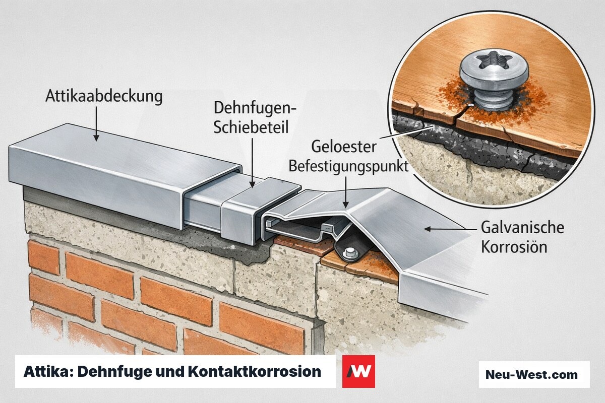 Querschnitt einer Attikaabdeckung mit fehlender Dehnfuge, verwölbtem Blech, gelöstem Befestigungspunkt und galvanischer Korrosion einer verzinkten Schraube in Kupfer.