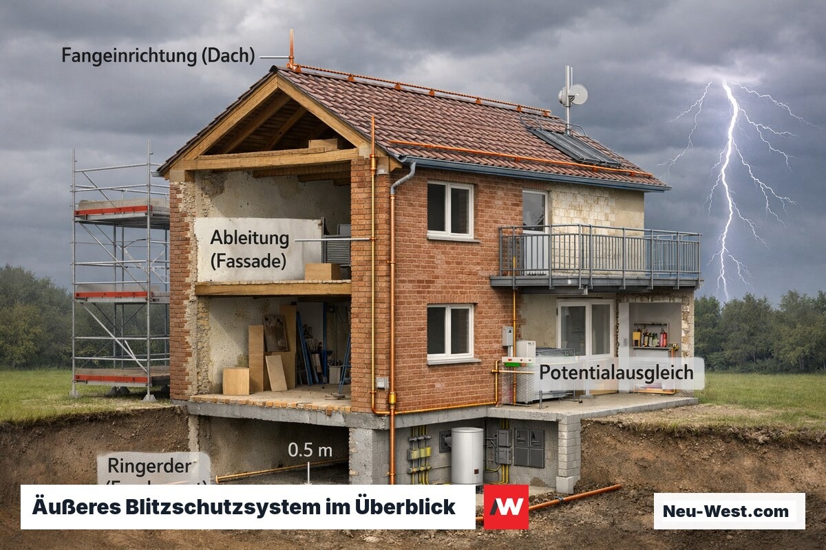 Querschnitt-Illustration eines Einfamilienhauses mit komplettem äußeren Blitzschutzsystem: Fangstangen, Ableitungen und Ringerder.