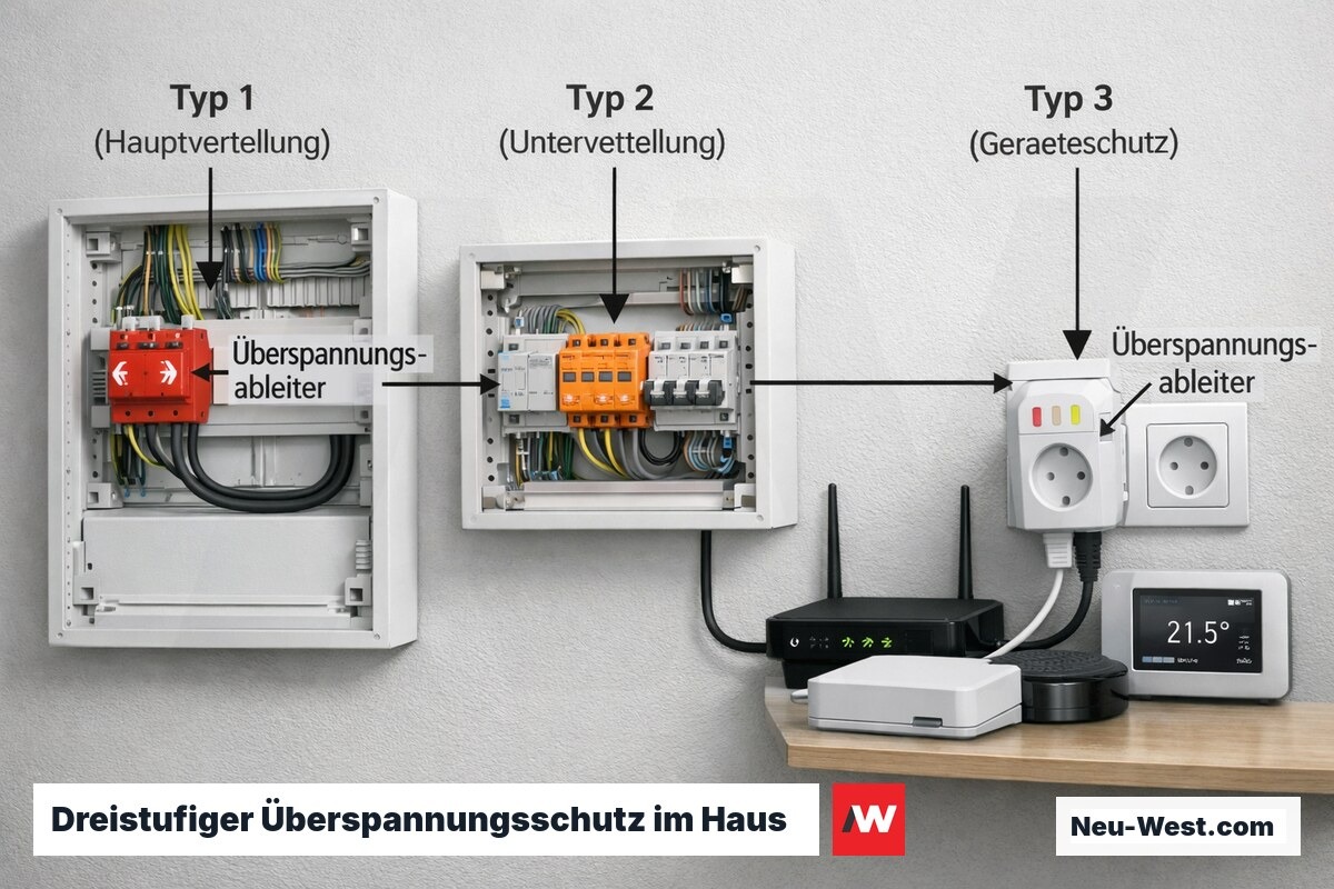 Technische Darstellung des gestaffelten Überspannungsschutzes Typ 1 bis 3 vom Hausanschluss bis zur Steckdose.