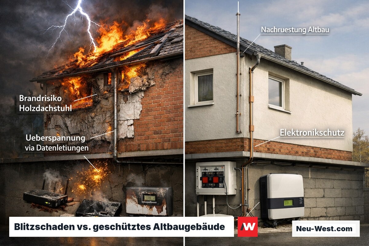 Vergleichsdarstellung: Blitzschadenrisiken im ungeschützten Altbau versus nachgerüsteter Blitz- und Überspannungsschutz.
