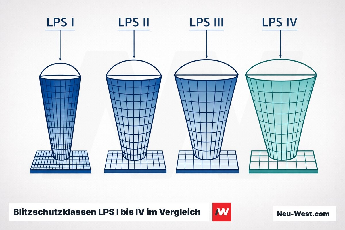 Blitzschutzklassen LPS I bis IV im Vergleich – Erklär-Grafik (NEUWEST Berlin)