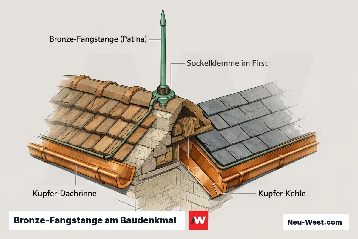Cutaway-Illustration einer patinierten Bronze-Fangstange auf historischem Ziegeldach mit Kupferrinne und Kupferkehle als natürliche Fangeinrichtung