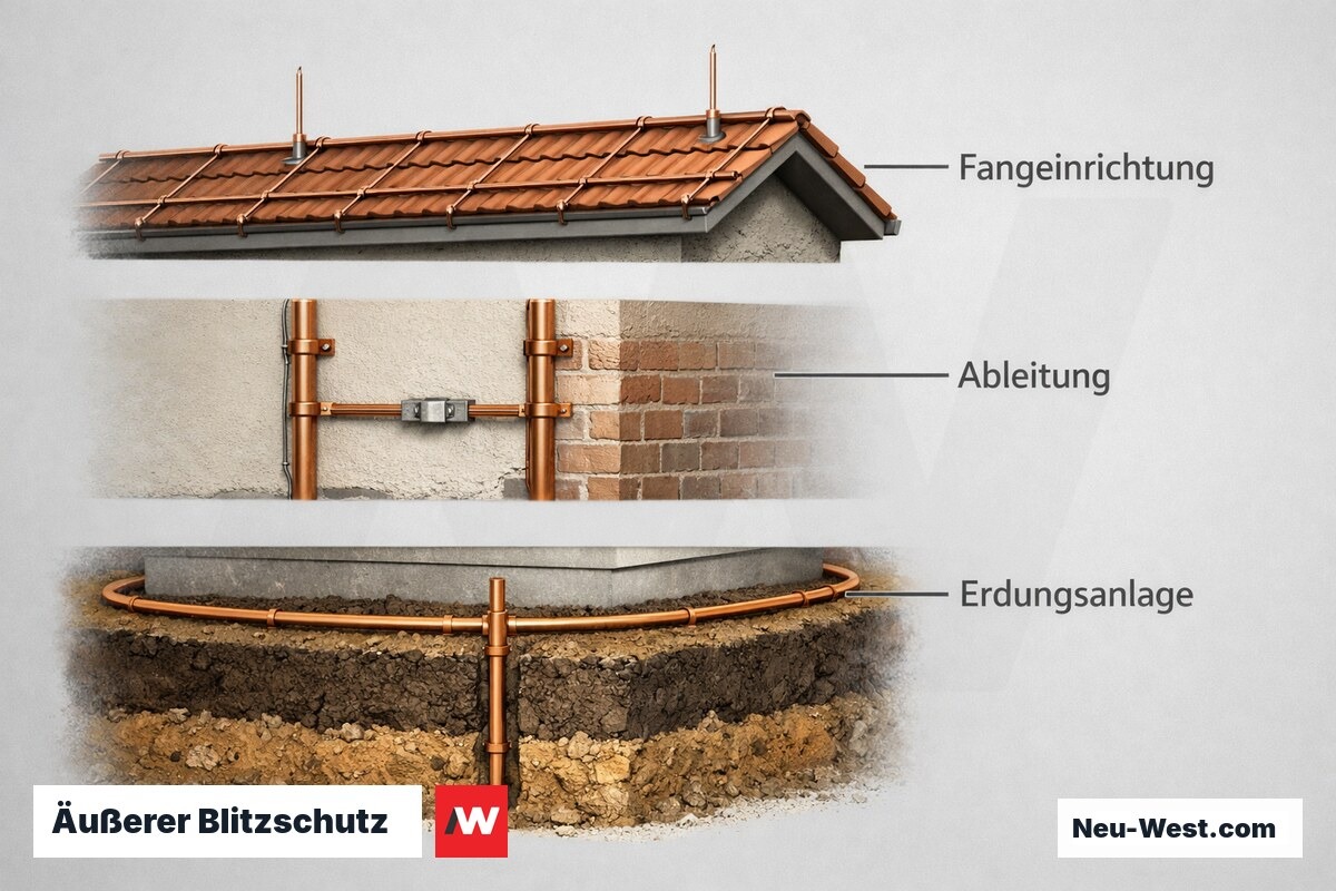 Äußerer Blitzschutz — Schematischer Gebäude-Schnitt – Erklär-Grafik (NEUWEST Berlin)