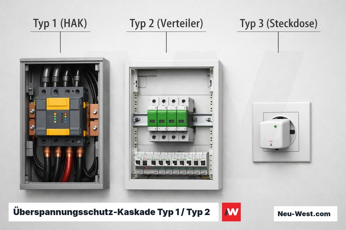 Überspannungsschutz-Kaskade Typ 1 / Typ 2 / Typ 3 – Erklär-Grafik (NEUWEST Berlin)