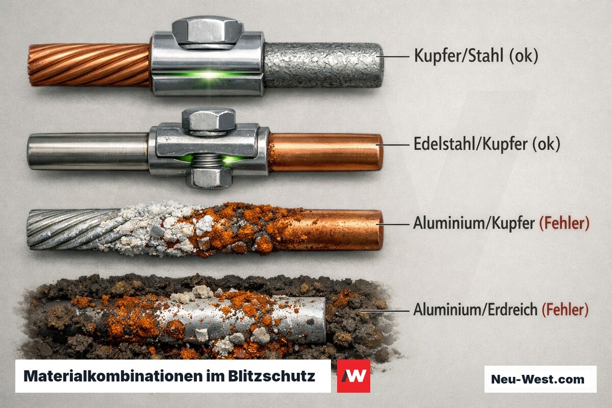 Materialkombinationen im Blitzschutz — Zulässig vs. Unzulässig – Erklär-Grafik (NEUWEST Berlin)