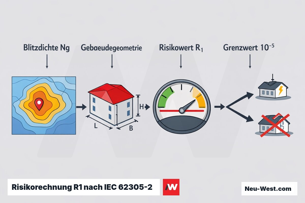 Prozessgrafik der Risikobewertung R1 nach IEC 62305-2: Blitzdichte, Gebäudegeometrie und Schutzmaßnahmen führen zum Grenzwertvergleich und zur Schutzpflicht.