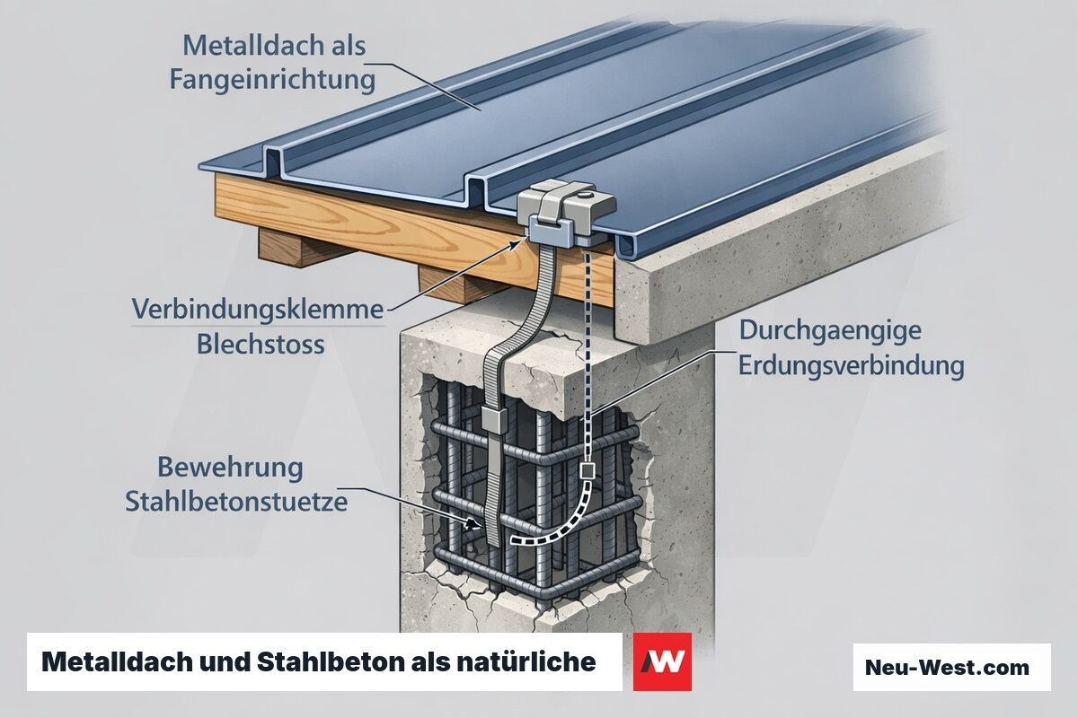 Cutaway-Detail: Metalldach mit Verbindungsklemme, verbunden über Erdungsstrap mit der Bewehrung einer Stahlbetonstütze als natürliche Blitzschutz-Komponenten.