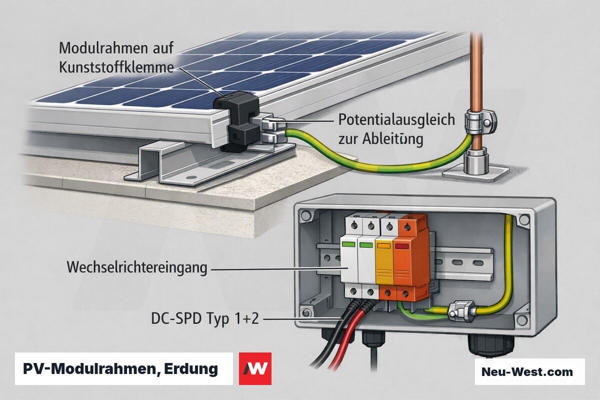 Querschnitt einer PV-Dachmontage: Modulrahmen auf Kunststoffklemme, fehlende Erdungsverbindung zur Ableitung und DC-SPD Typ 1+2 am Wechselrichtereingang.