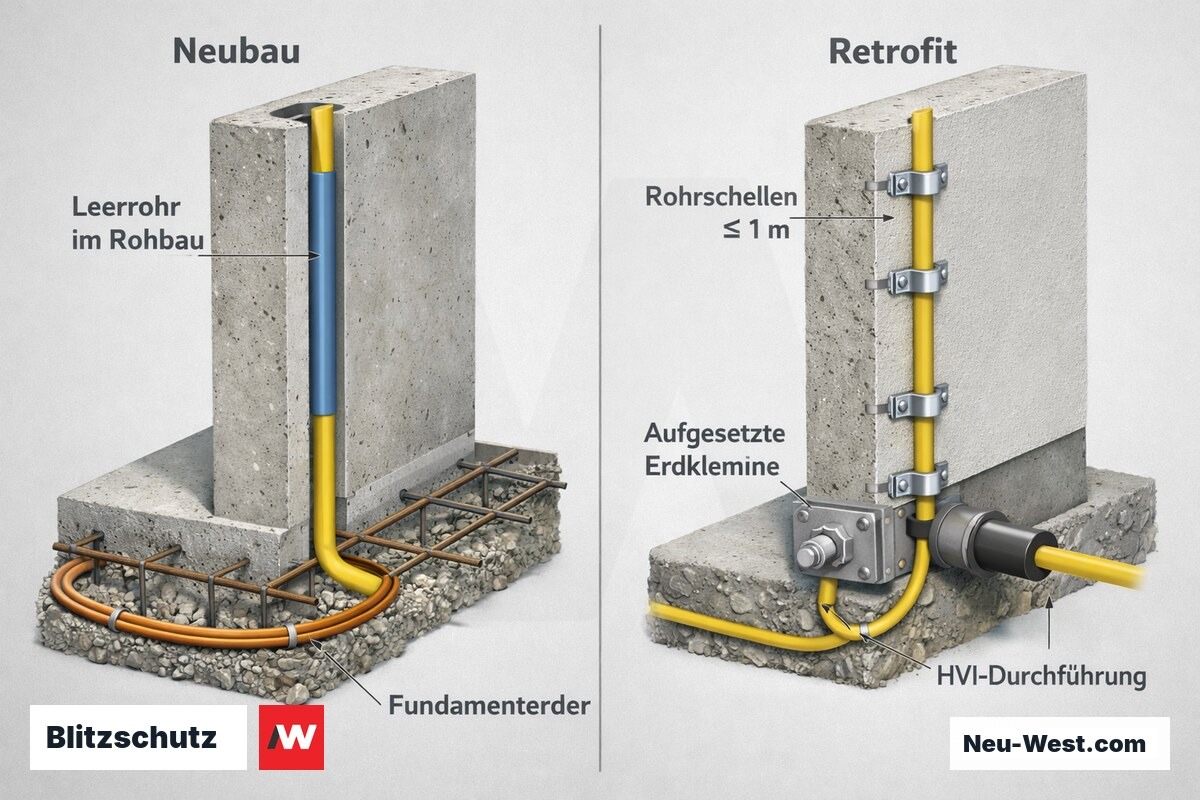 Vergleichende Schnitt-Illustration einer Betonwand: links eingegossenes Leerrohr mit Ableiter und Fundamenterder im Neubau, rechts aufgesetzte Nachrüstung mit Rohrschellen und Erdklemme.