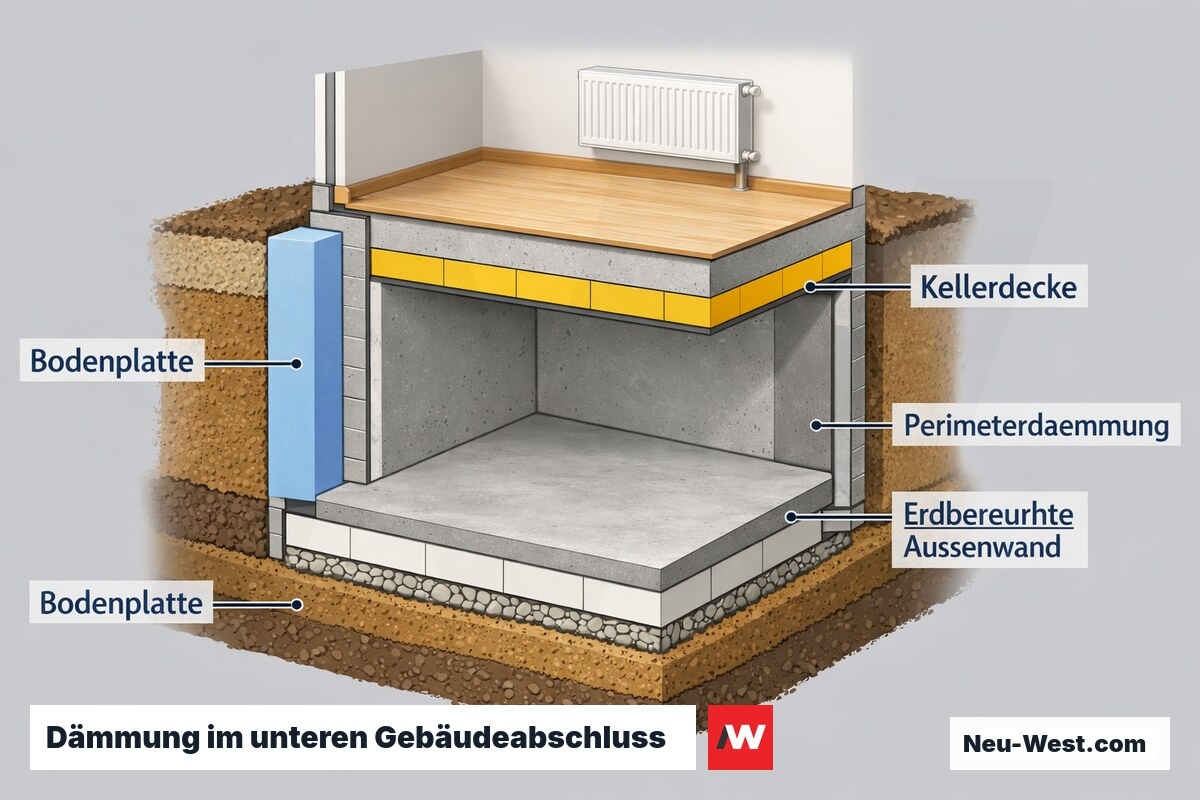 Querschnitt durch Keller und Bodenplatte mit Dämmung an Bodenplatte, Kellerdecke, Perimeter und erdberührter Außenwand.