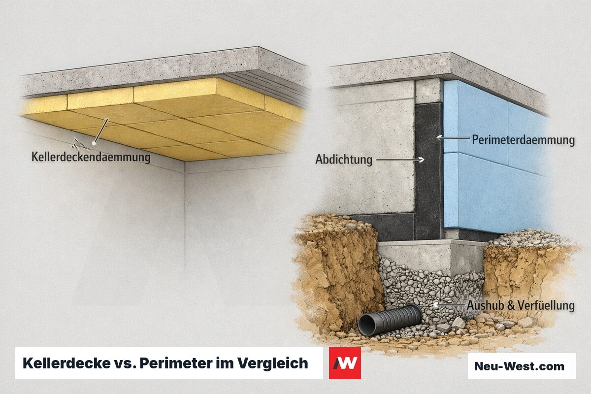 Querschnitt eines Kellers mit Kellerdeckendämmung links und Perimeterdämmung mit Abdichtung und Aushub rechts im direkten Vergleich.