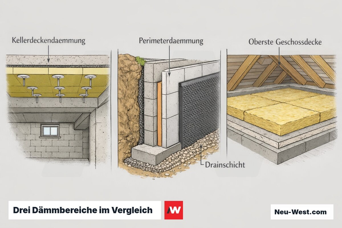 Vergleichsdiagramm der drei Dämmschwerpunkte: Kellerdecke von unten, Perimeterdämmung erdberührter Kellerwand und oberste Geschossdecke im Dachraum.