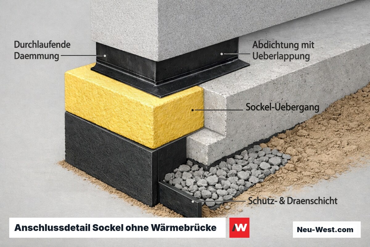 Bauteil-Detail des Sockelanschlusses: durchlaufende Dämmung, überlappende Abdichtung und Schutzschicht am Übergang vom erdberührten Bereich zum Sockel.