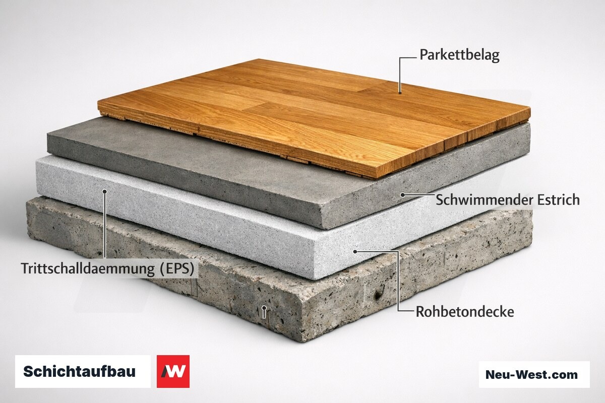 Querschnitt eines Fußbodenaufbaus mit Rohdecke, EPS-Trittschalldämmung, schwimmendem Estrich und Parkettbelag, ca. 150 Zeichen