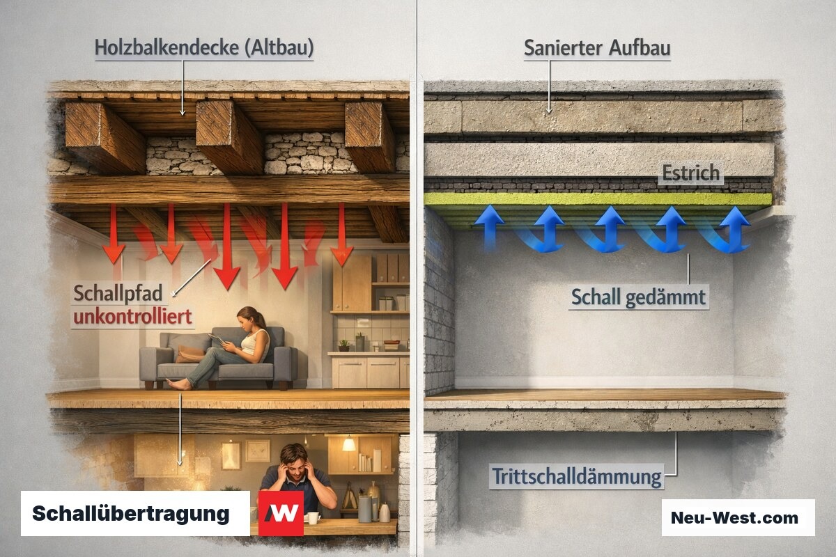 Vergleich Schallübertragung durch Holzbalkendecke im Altbau versus modernen sanierten Fußbodenaufbau mit Dämmung