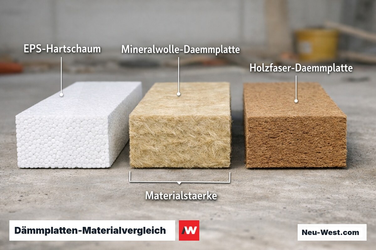 Drei Trittschalldämmplatten im Querschnitt-Vergleich: EPS-Schaum, Mineralwolle und Holzfaserplatte nebeneinander auf Betonuntergrund