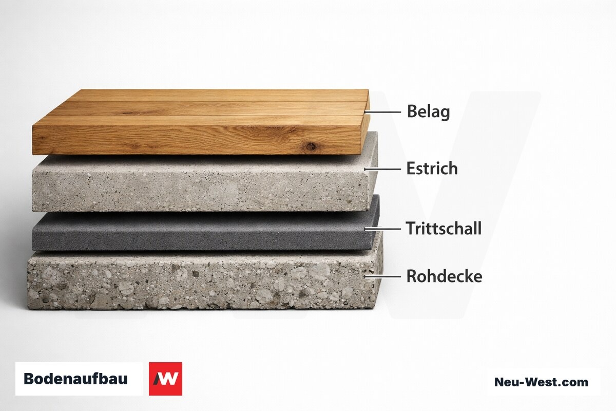Bodenaufbau: Schichten und Schallentkopplung – Erklär-Grafik (NEUWEST Berlin)