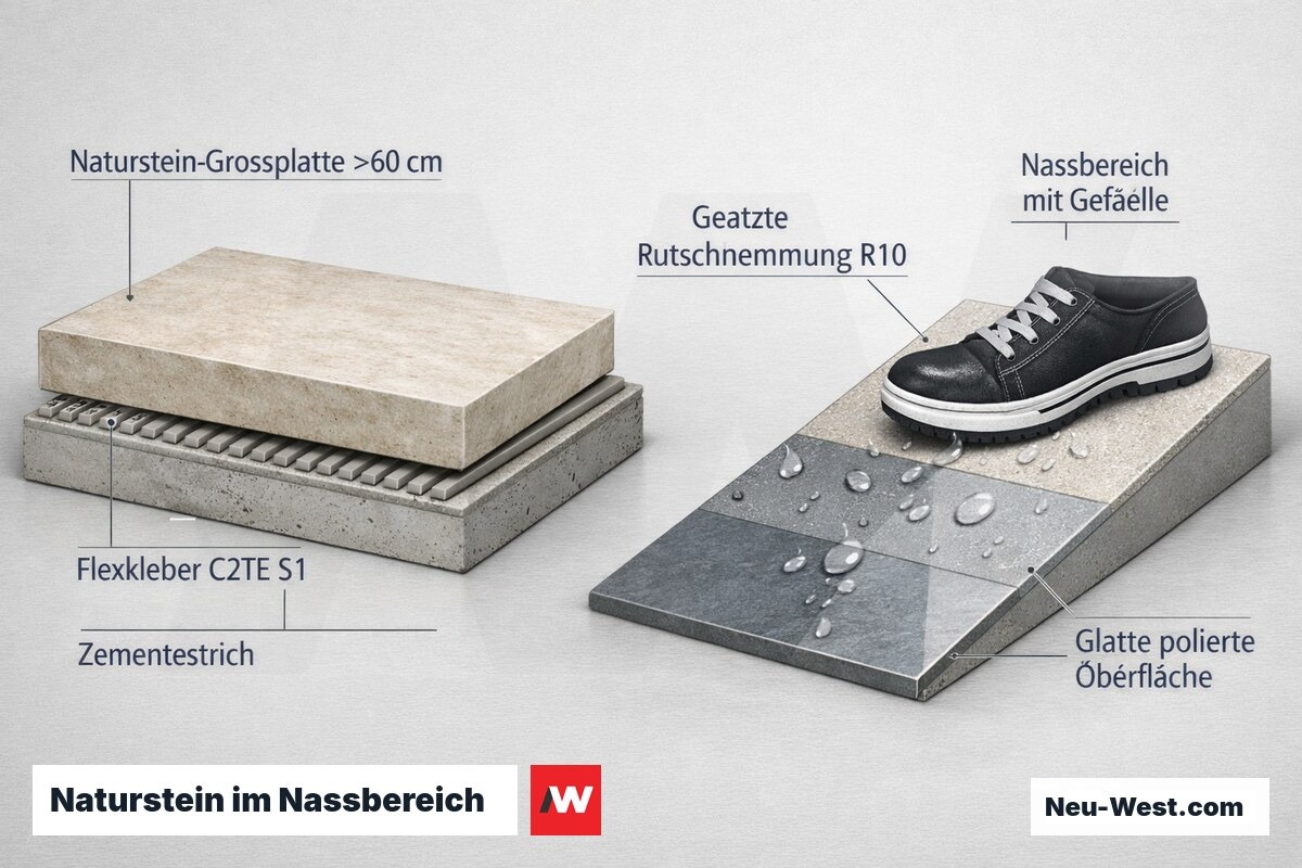 Querschnitt einer Naturstein-Großplatte auf Flexkleber C2TE S1 mit geätzter Rutschhemmung R10 und Rutschtest-Rampe im Nassbereich.