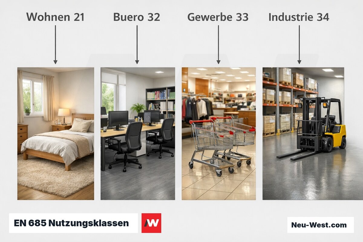 EN 685 Nutzungsklassen: Belagseignung nach Belastungsstufe – Erklär-Grafik (NEUWEST Berlin)