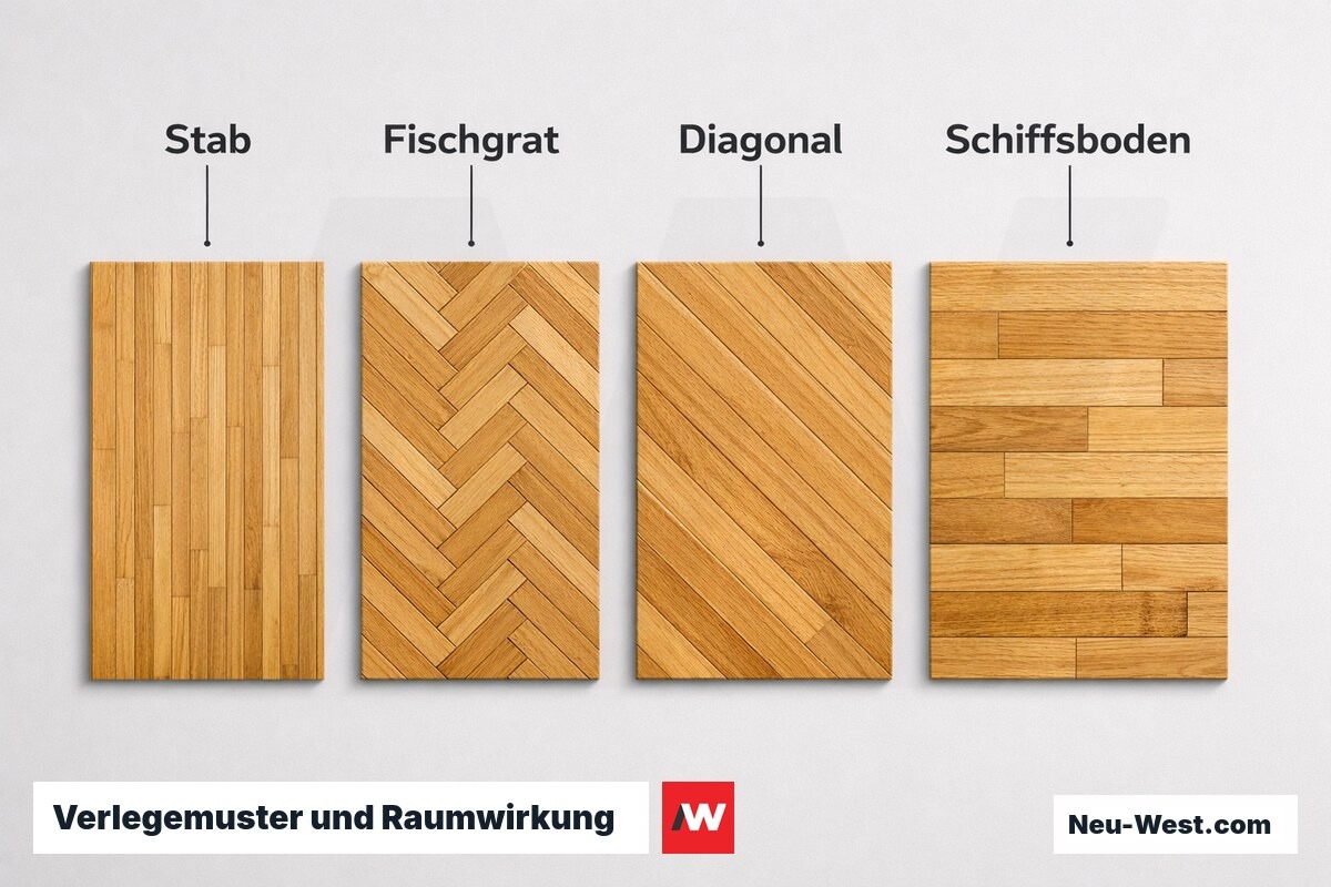Verlegemuster und Raumwirkung: Parkett – Erklär-Grafik (NEUWEST Berlin)