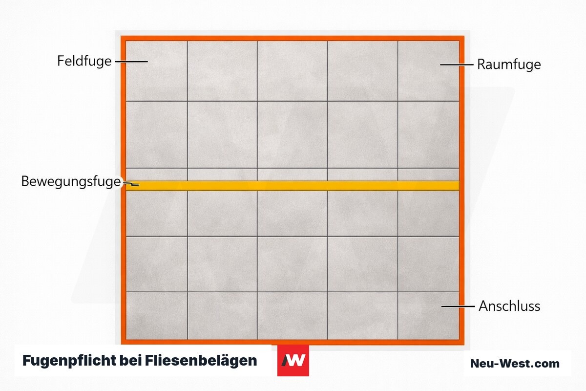 Fugenpflicht bei Fliesenbelägen: ZDB-Regelwerk im Grundriss – Erklär-Grafik (NEUWEST Berlin)