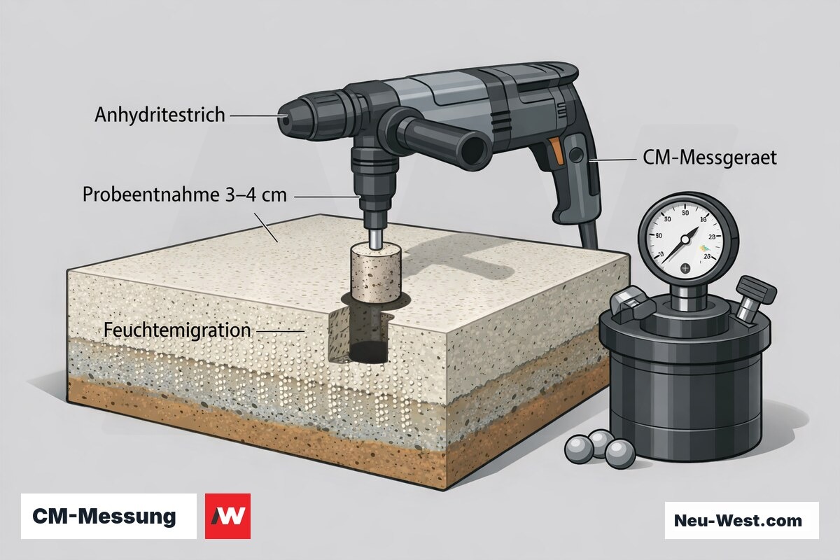 Querschnitt eines Anhydritestrichs mit Probeentnahme in 3–4 cm Tiefe, aufsteigender Feuchtemigration und CM-Messgerät zur normgerechten Belegreifemessung.