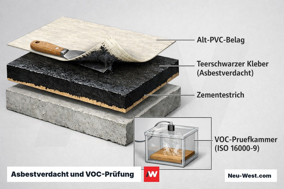 Querschnitt eines Altbodens: Alt-PVC-Belag über teerschwarzem Kleber mit Asbestverdacht auf Zementestrich, daneben VOC-Prüfkammer nach ISO 16000-9.