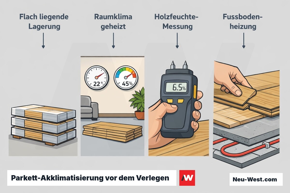 Erklär-Grafik in vier Schritten: flach liegende Parkett-Lagerung im geheizten Raumklima, Holzfeuchte-Messung und Verlegung über Fußbodenheizung.