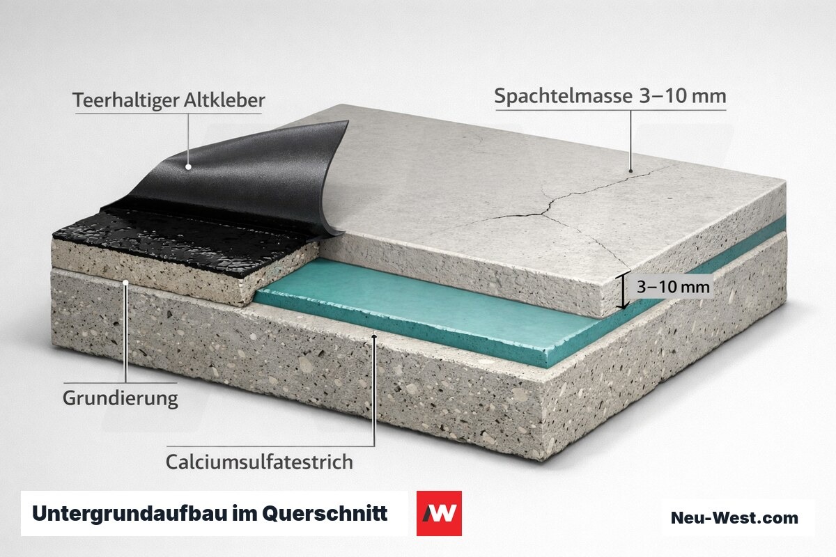 Querschnitt der Untergrundvorbereitung: Estrich, Grundierung, Spachtelmasse mit Schichtdicke und teerhaltiger Altkleber unter altem PVC.