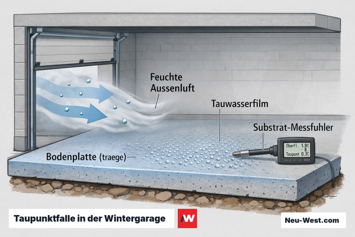 Querschnitt einer Wintergarage: kalte träge Bodenplatte, einströmende feuchte Außenluft, Tauwasserfilm und Substrat-Messfühler zur Taupunktkontrolle.