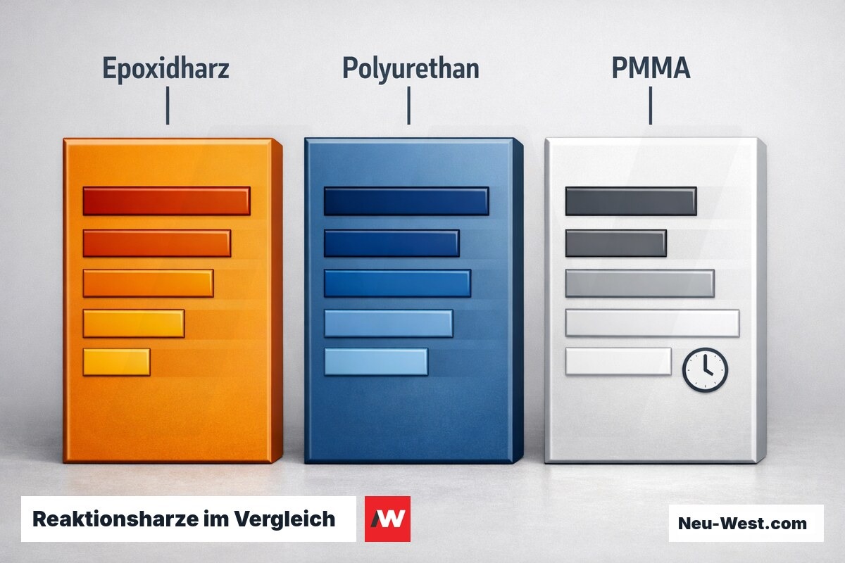 Reaktionsharze im Vergleich: EP / PU / PMMA – Erklär-Grafik (NEUWEST Berlin)