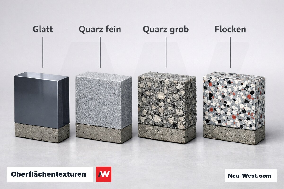 Oberflächentexturen: Rutschklasse und Reinigungsaufwand – Erklär-Grafik (NEUWEST Berlin)