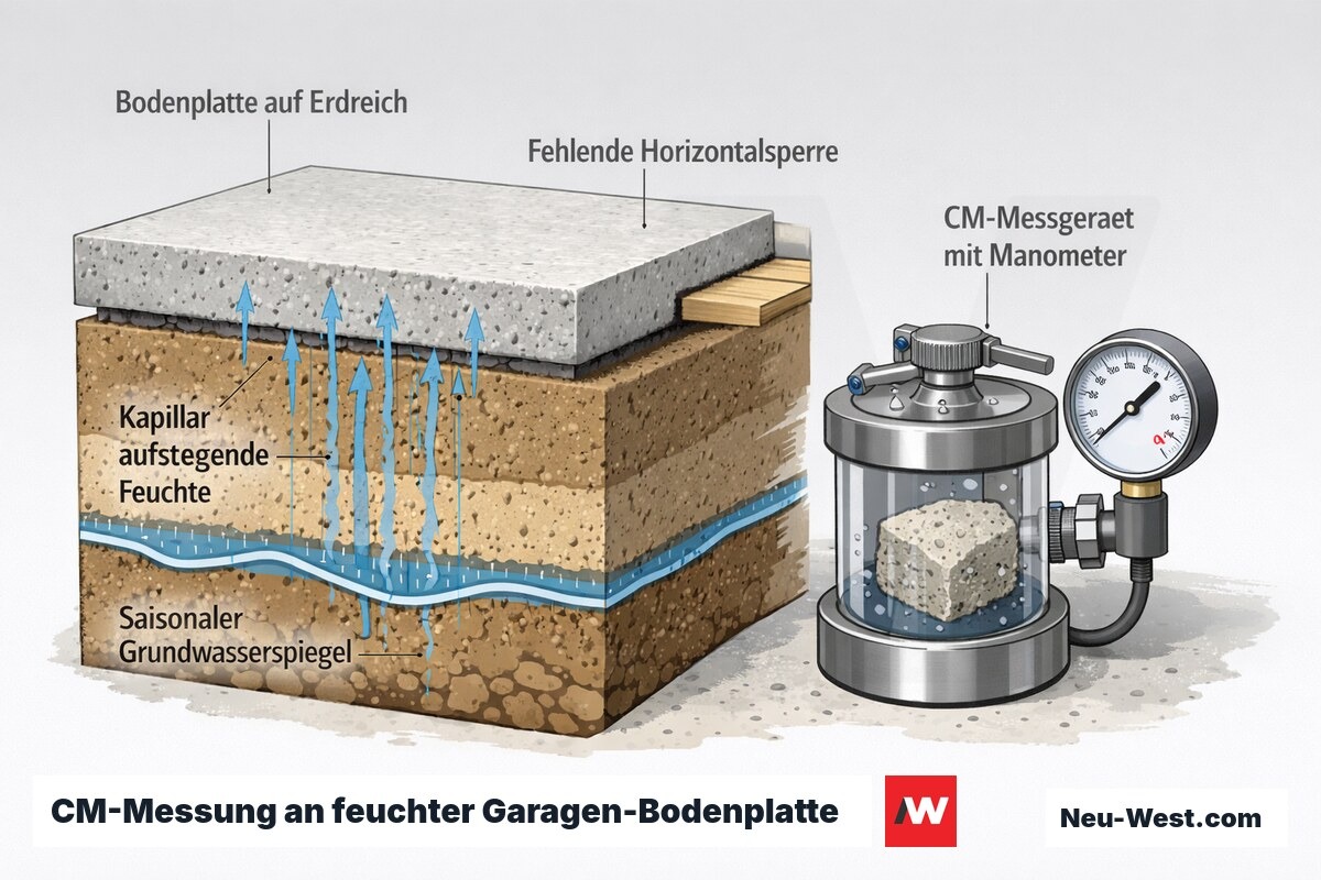 Querschnitt einer Garagen-Bodenplatte auf Erdreich ohne Horizontalsperre mit kapillar aufsteigender Feuchte und CM-Messgerät zur Feuchtebestimmung.