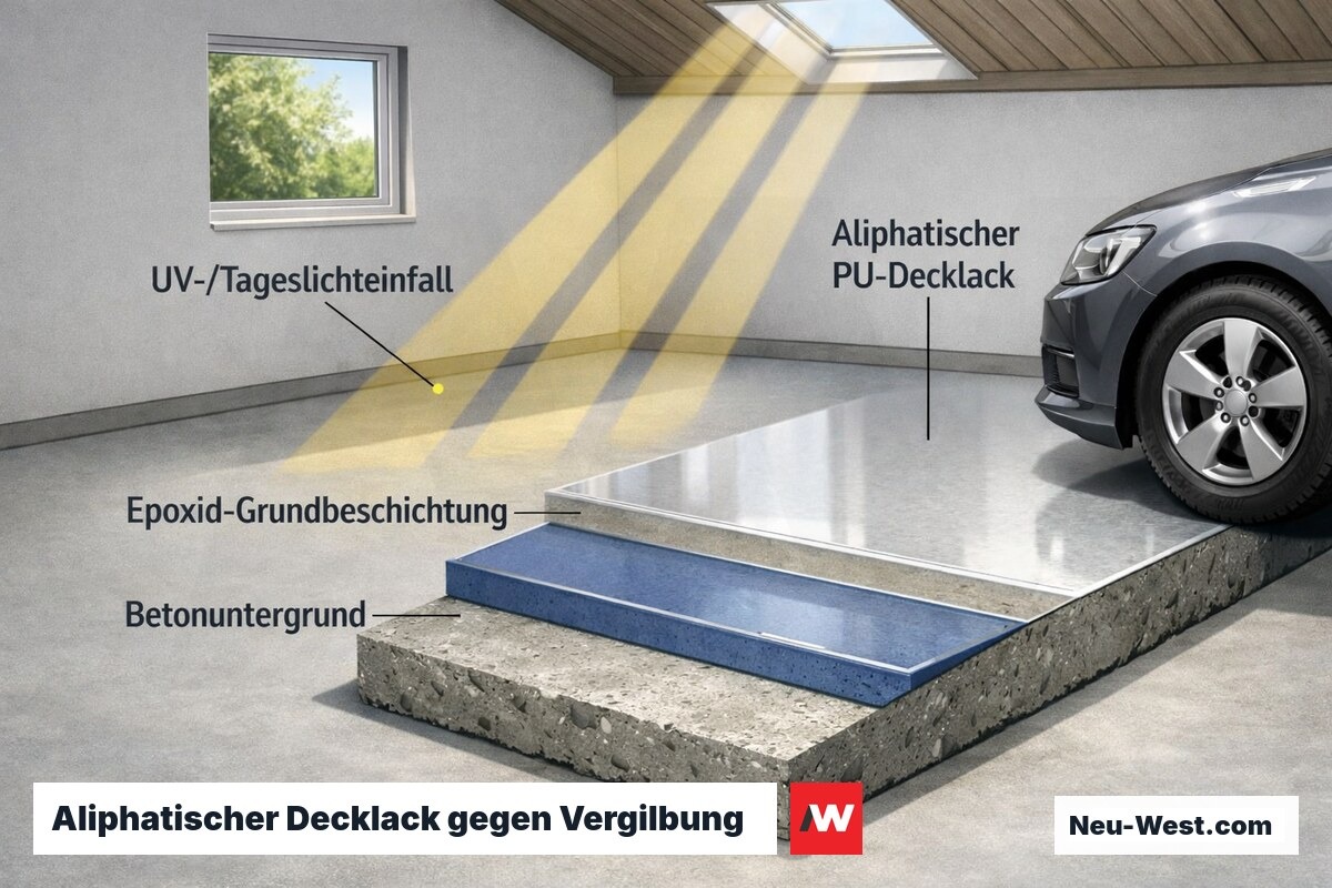 Cutaway einer Garage: Tageslicht faellt auf Bodenbeschichtung, Querschnitt zeigt aliphatischen Decklack ueber Epoxid-Grundierung auf Beton.